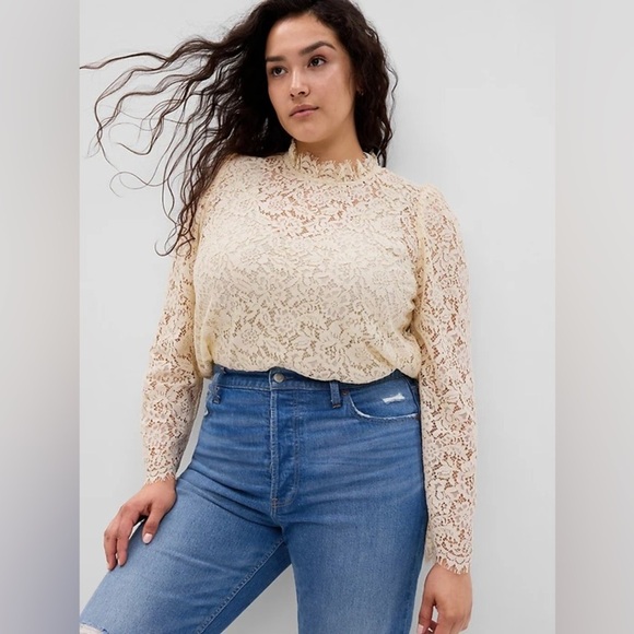 NWT - Gap Puff Sleeve Ruffle Neck Lace Top in Chino Beige - Size L - Picture 1 of 5